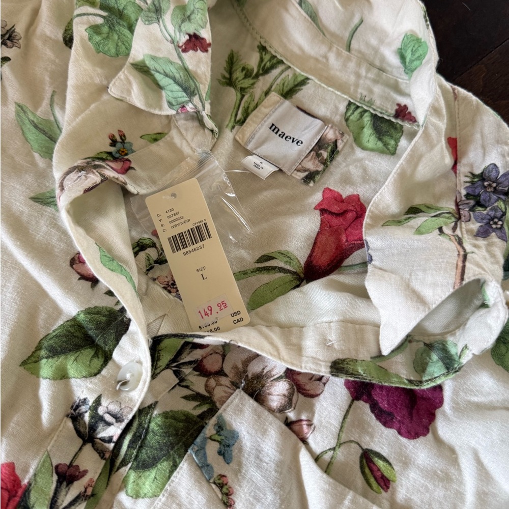 Anthropologie Maeve Mona Linen Button-front Cream Floral Maxi - Picture 4 of 5